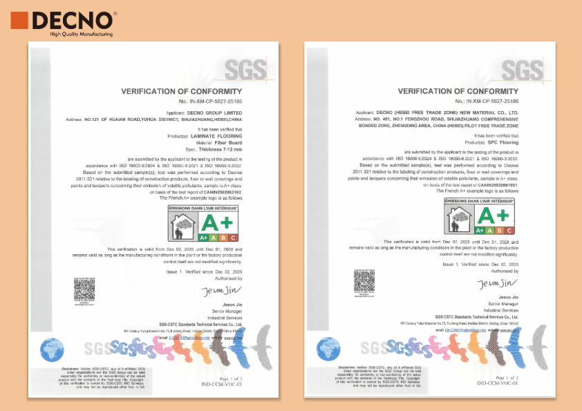 أرضيات DECNO SPC واللامينيت تحصل على شهادة A الفرنسية أرضيات DECNO SPC واللامينيت تحصل على شهادة A الفرنسية